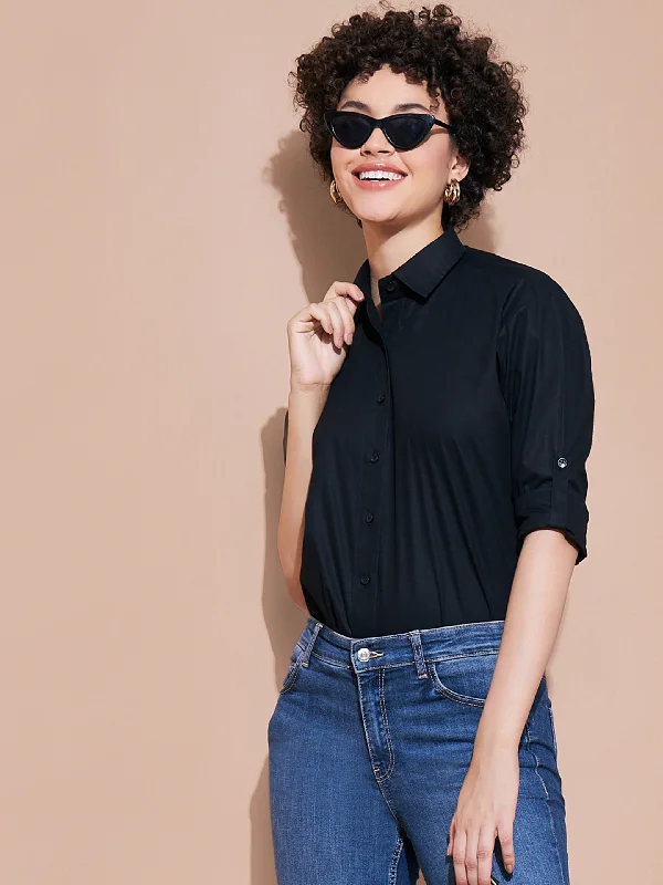 Women Black Cotton Poplin Shirt Trendy Ruffled Short Sleeve