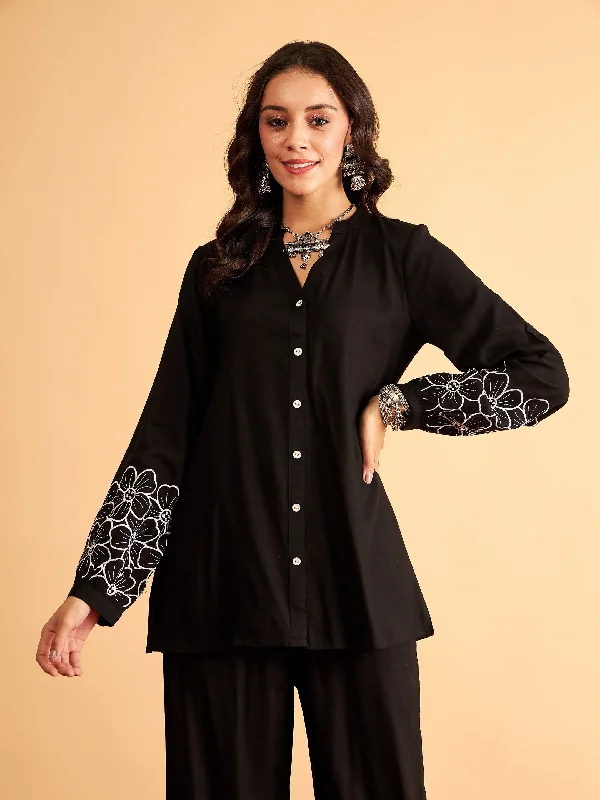 Women Black Rayon Full Sleeves Embroidered Shirt Stylish Short Sleeve Polo