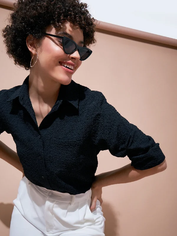 Women Black Relaxed Fit Shirt Cozy Linen Short Shirt