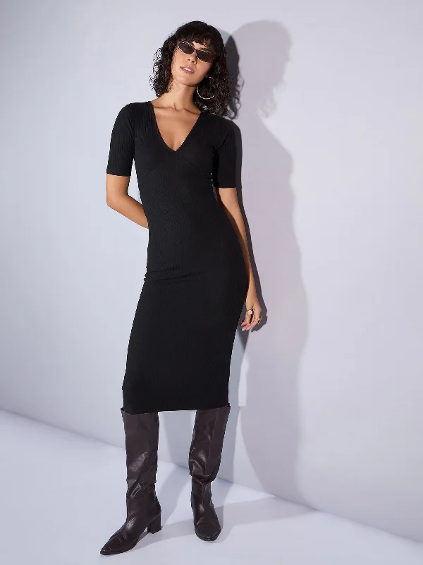 Women Black Rib V Neck Midi Dress Elegant Pleated Sleeve Midi Dress