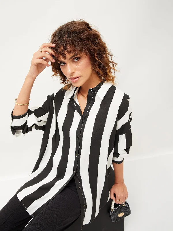 Women Black & White Striped Oversize Shirt Trendy Floral Print Tee