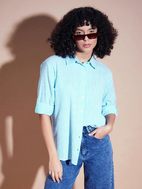 Women Blue Seersucker Pinstriped Oversized Shirt Elegant Button-Down Short Shirt