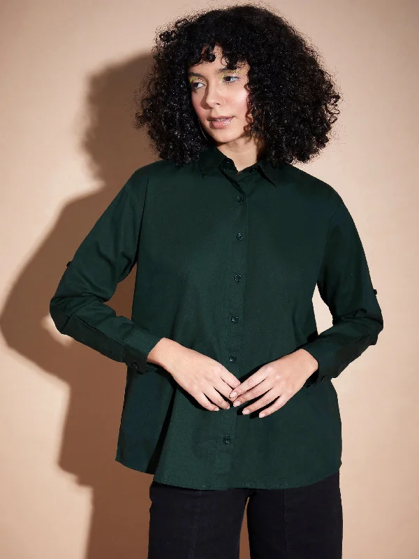 Women Green Poplin Oversized Shirt Stylish Striped Short Sleeve