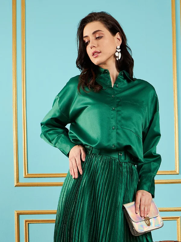 Women Green Satin Oversized Shirt Comfortable Ribbed Short Sleeve