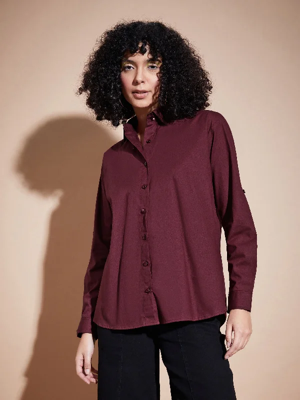 Women Maroon Poplin Oversized Shirt Classic Basic Short Shirt