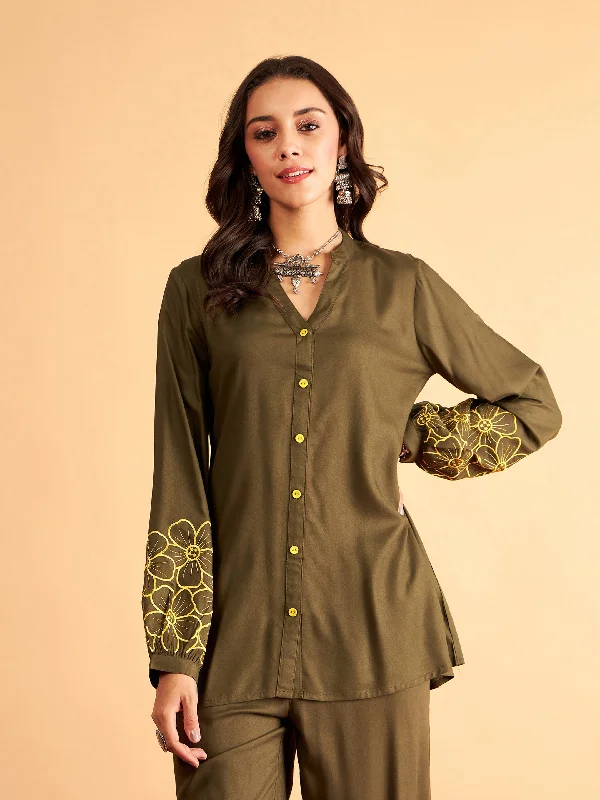 Women Olive Rayon Full Sleeves Embroidered Shirt Comfortable Loose Short Sleeve