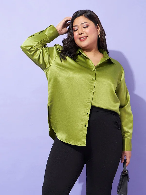 Women Olive Regular Satin Shirt Elegant Silk Short Shirt