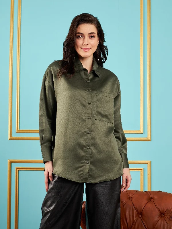 Women Olive Satin Oversized Shirt Cozy Striped Short Sleeve