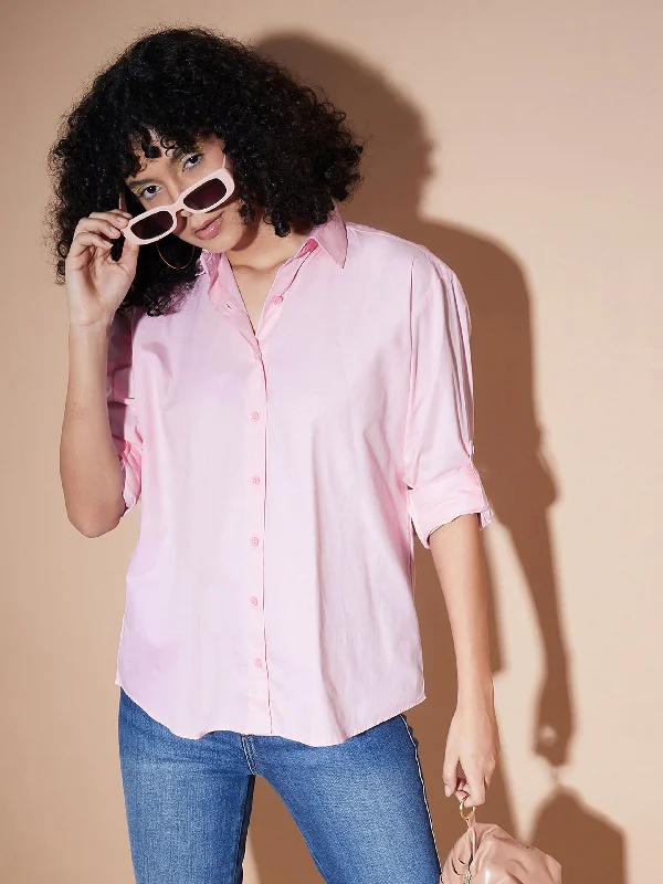 Women Pink Poplin Oversized Shirt Trendy Short Sleeve Blouse