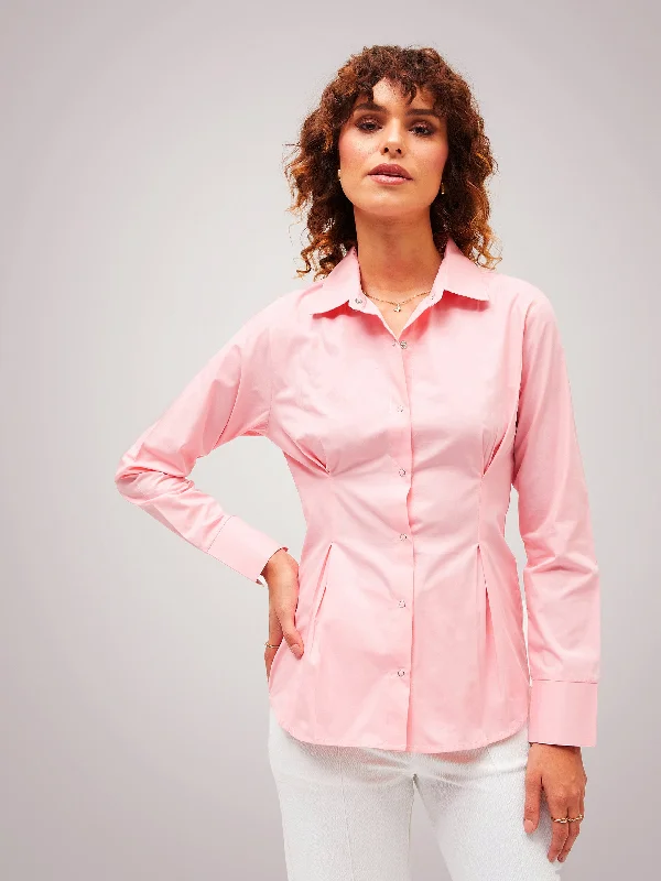 Women Pink Poplin Pleated Fold Slim Waist Shirt Trendy Floral Short Sleeve