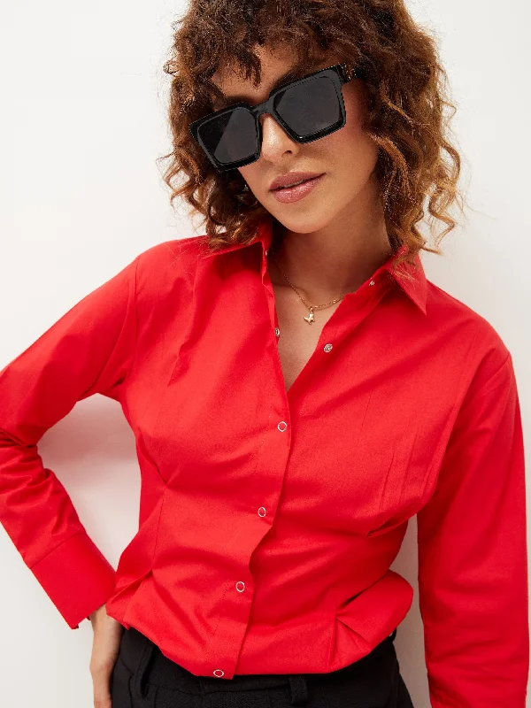 Women Red Poplin Pleated Fold Slim Waist Shirt Cozy Knit Short Sleeve Top