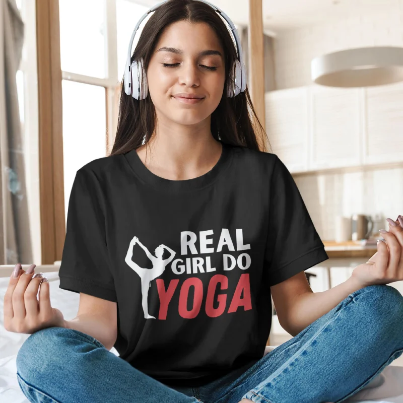 Real Girl do Yoga Round Neck Half Sleeve Classic T-Shirt Solid Print Embellished