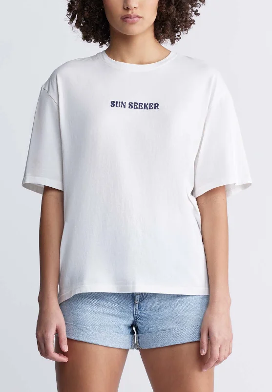 Abbey Women's Oversized Printed T-Shirt in White - KT0136P Mesh Canvas Denim