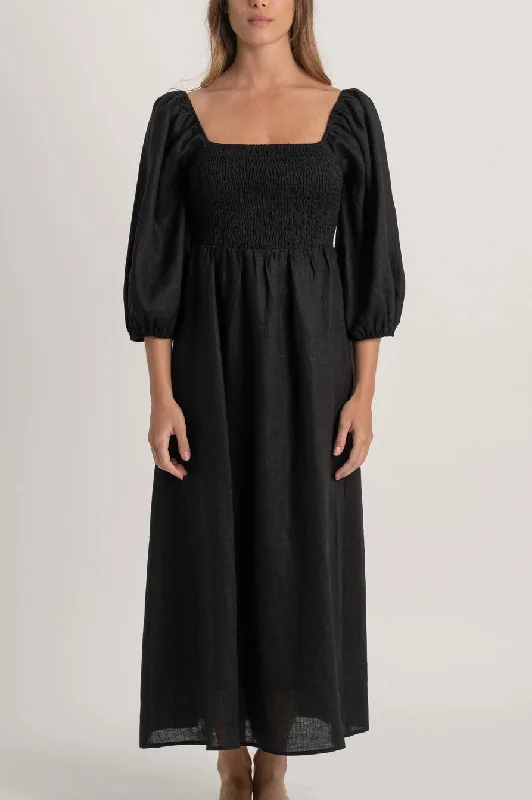 Agapi Linen Maxi Dress Black Cozy Maxi Dress with Slit