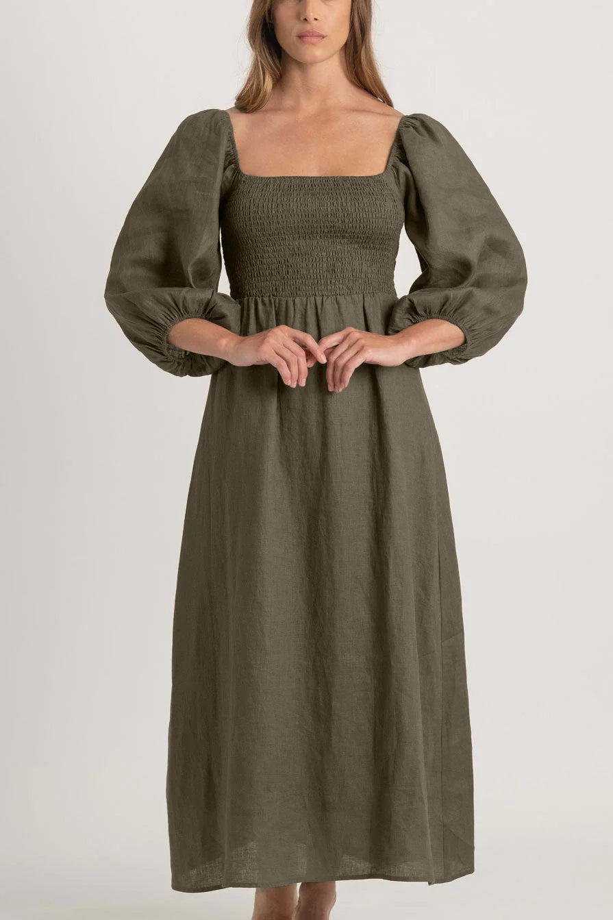 Agapi Linen Maxi Dress Khaki Comfortable Pleated Maxi Dress