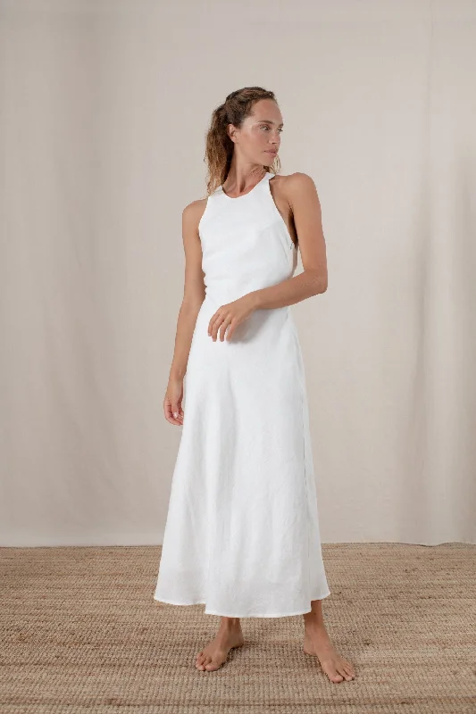 Bellez Linen Maxi Dress White Trendy Maxi Dress with Belt