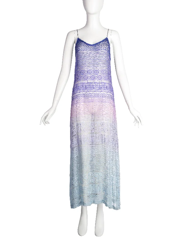 Berit Steffin Vintage 1990s Stunning Pastel Purple Blue Ombre Embroidered Net Maxi Dress Elegant Pleated Maxi Dress