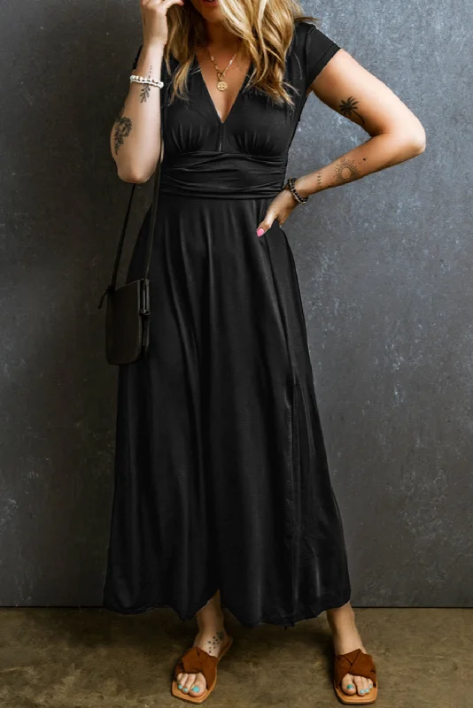 Short Sleeve Shirred High Waist V Neck Maxi Dress Cozy Knitted Maxi Dress