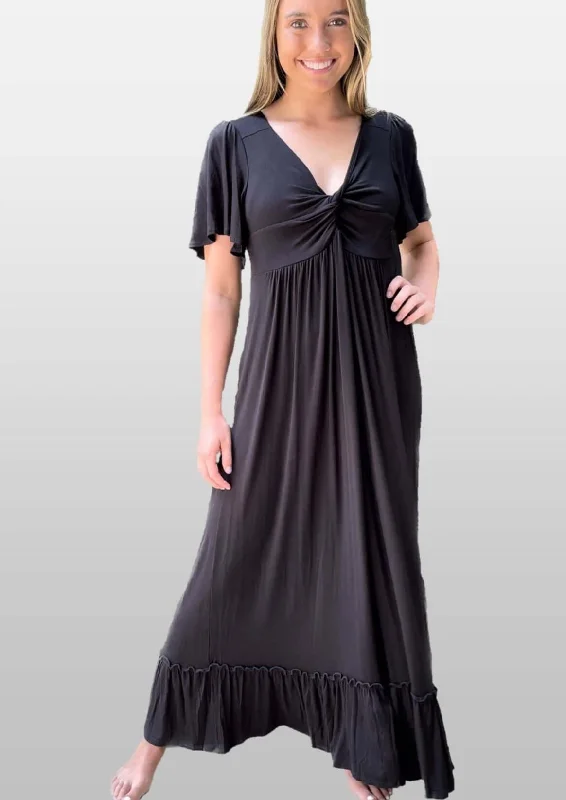 Black V-Neck Maxi Dress With Flutter Sleeves Made in USA Comfortable Flowy Maxi Dress