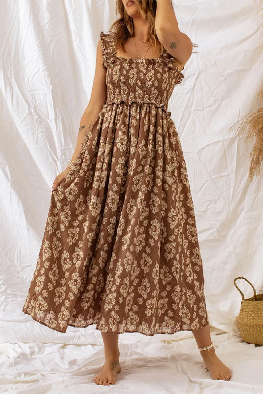 Ruffled Straps Smocked Floral Maxi Dress Fashionable Button-Down Maxi Dress