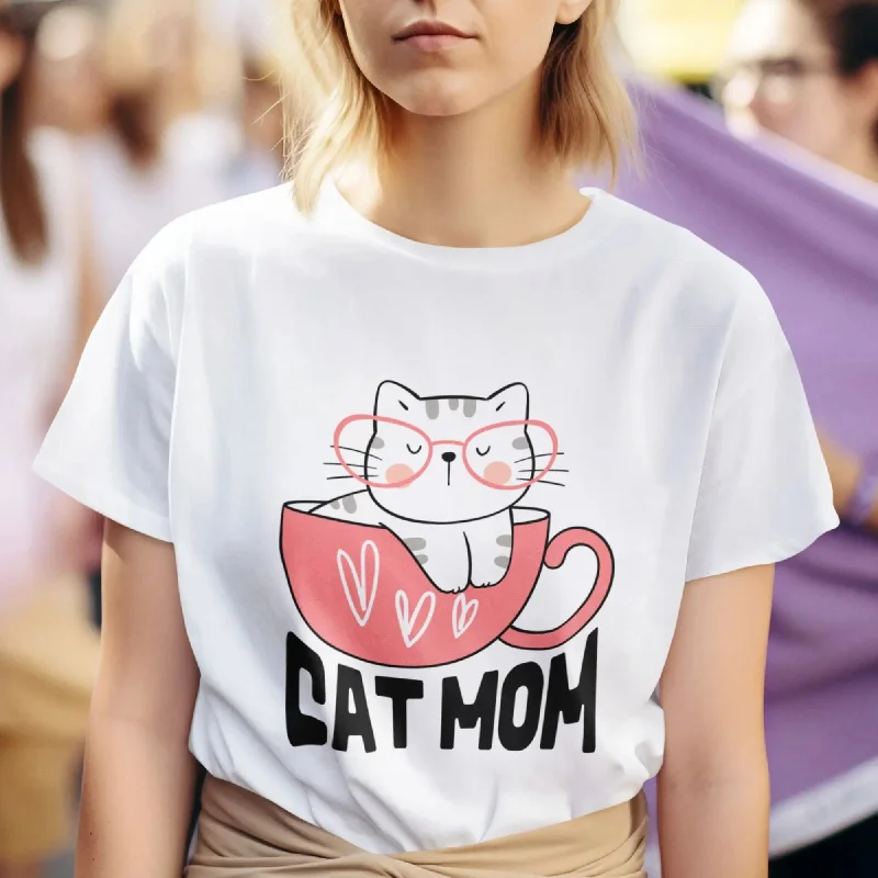 Cat Mom Round Neck Half Sleeve Classic T-Shirt Collared Crew Neck Turtle Neck