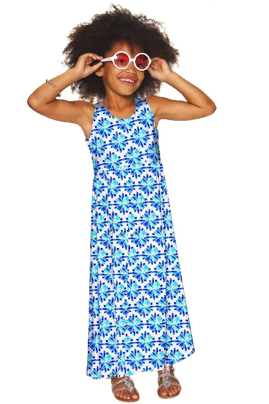 Charisma Bella White & Blue Summer Empire Waist Maxi Dress - Girls Fashionable Maxi Dress with Fringe