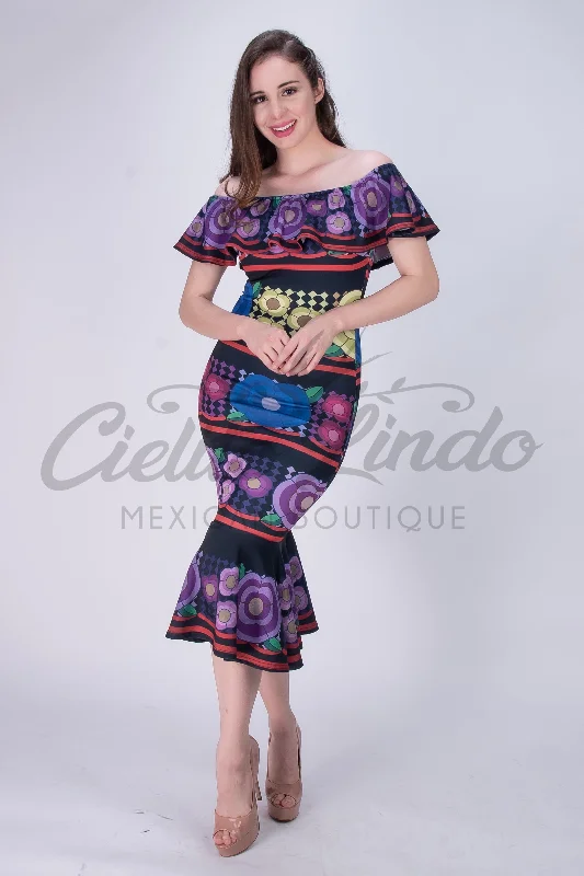 Mexican Jalapa Printed Maxi Dress Elegant Maxi Dress with Ruffles