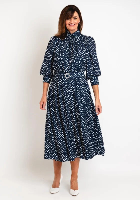 Claudia C Sofia Puff Sleeve Polka Dot Maxi Dress, Navy Fashionable Open-Back Maxi Dress