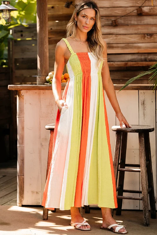 Color Block Shirred High Waist Fit and Flare Maxi Dress Trendy Fit-and-Flare Maxi Dress