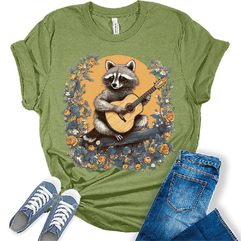 Womens Retro Raccoon Playing Guitar Shirt Cottagecore Clothing Animal Playing Music T-Shirts Cute Short Sleeve Graphic Tees Plus Size Summer Tops Anti-Pilling Machine Wash Handmade