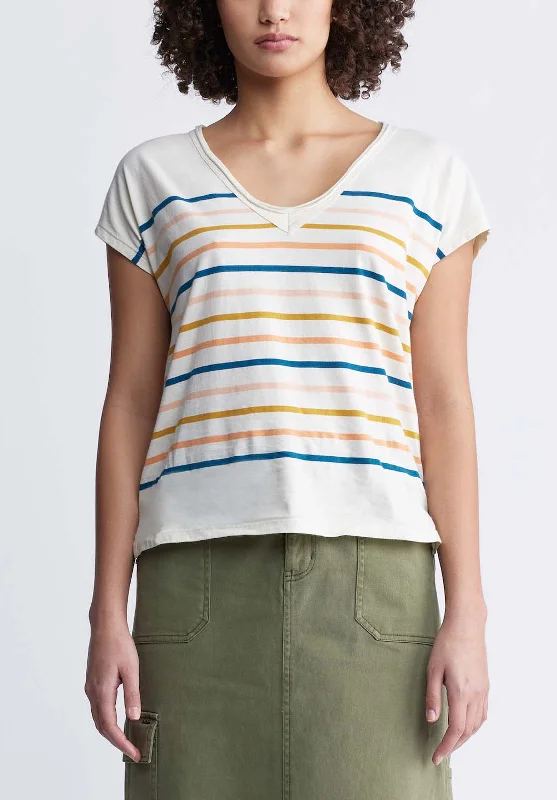 Danique Women’s V-Neck Striped T-Shirt In White - KT0122P Terry Blend Velvet Blend Canvas Blend