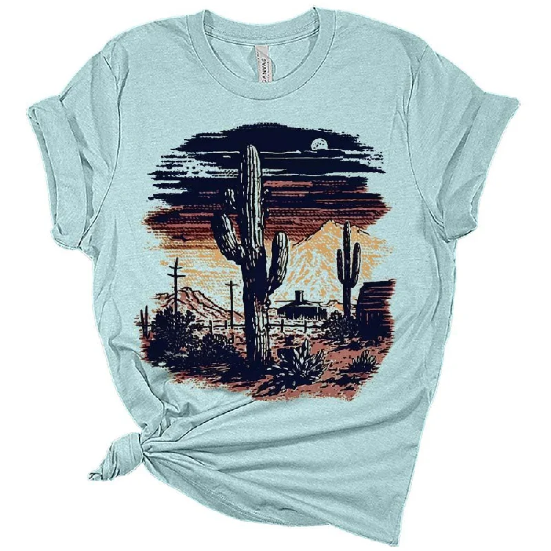 Womens Desert Cactus Ranch Scene T-Shirt Cute Western Shirt Casual Graphic Tee Short Sleeve Top Seamless Knitted Crochet