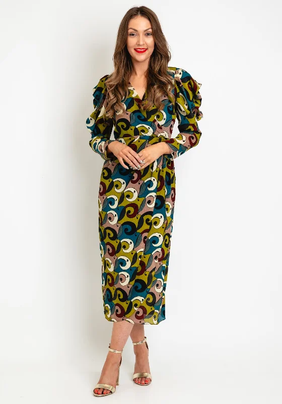 Exquise Abstract Print Maxi Dress, Olive Green Multi Elegant Maxi Dress with Ruffles