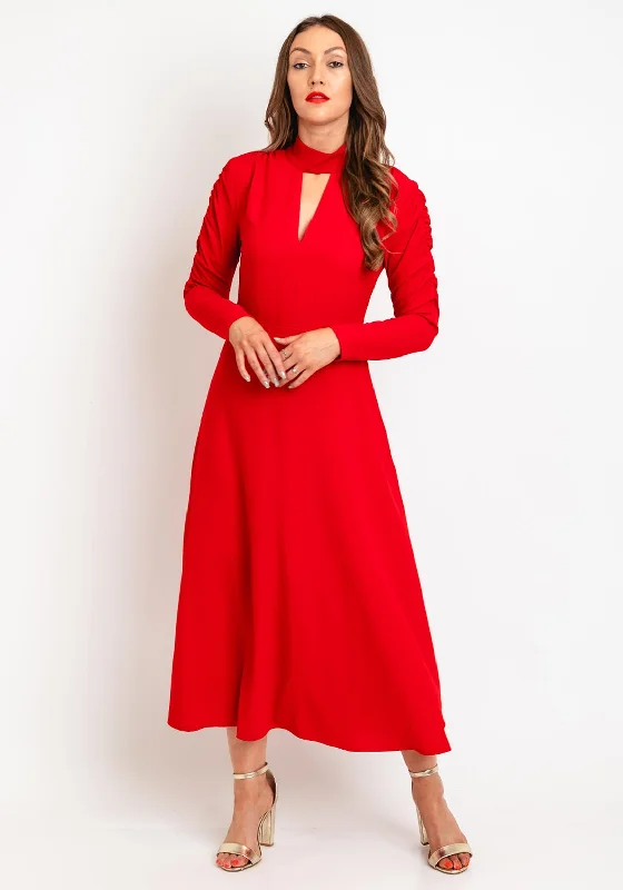 Exquise Ruched Sleeve A-Line Maxi Dress, Red Fashionable Chiffon Maxi Dress