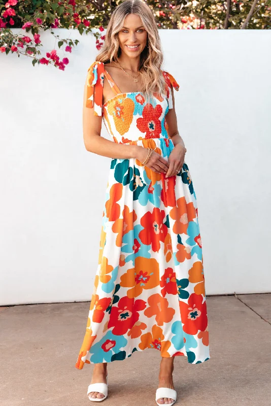 Floral Self Tied Straps Smocked Bust Maxi Dress Chic Sleeveless Maxi Dress