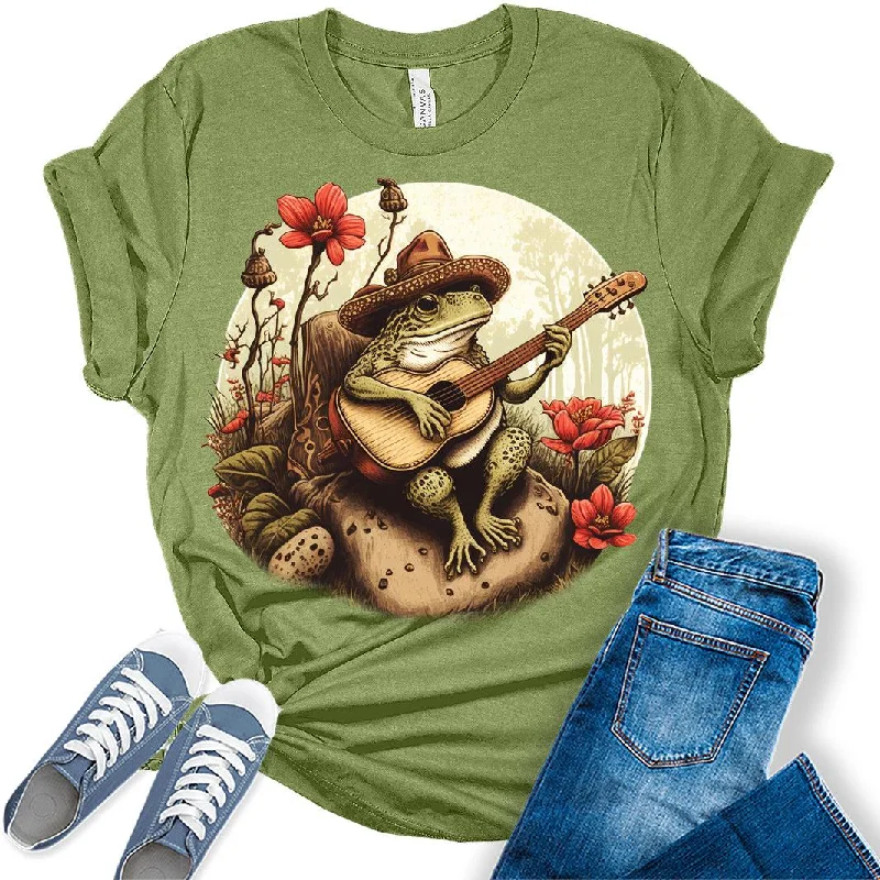 Frog Playing Guitar Shirt Womens Cottagecore Aesthetic T-Shirt Modern Contemporary Chic