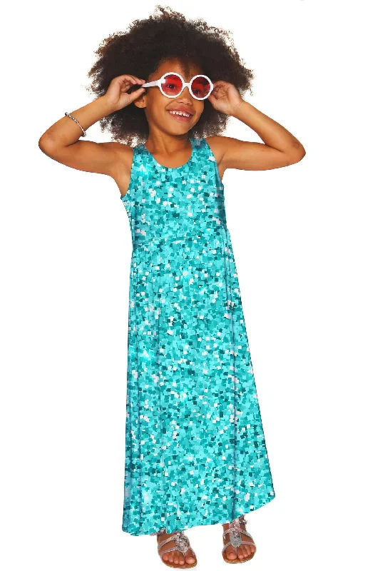 Glittering Azure Bella Blue Sleeveless Empire Waist Maxi Dress - Girls Elegant Silk Maxi Dress