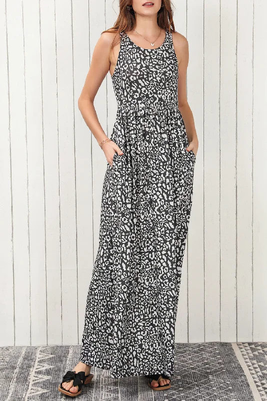 Gray Leopard Print Pocketed Sleeveless Maxi Dress Elegant Floral Maxi Dress