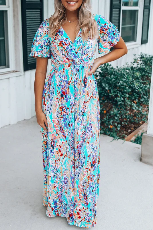 Wrap V Neck Floral Maxi Dress Cozy Ruffle Sleeve Maxi Dress