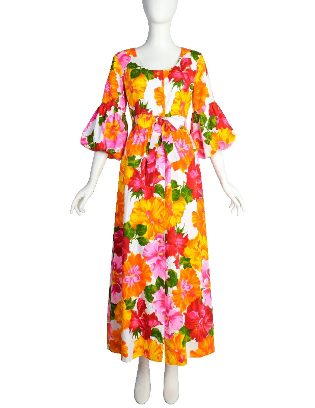 Hilo Hattie Vintage 1960s Hawaiian White Pink Yellow Hibiscus Floral Maxi Dress Chic Sleeveless Maxi Dress