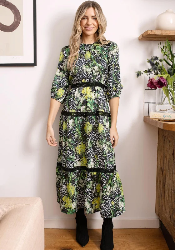 Hope & Ivy Dora Floral Tiered Maxi Dress, Green and Black Stylish Button-Up Maxi Dress