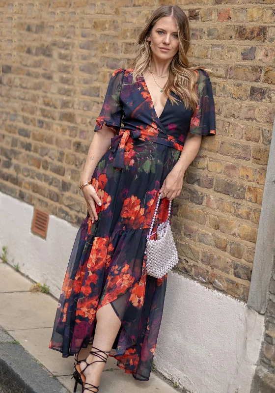 Hope & Ivy Nova Flutter Sleeve Floral Wrap Maxi Dress, Black and Orange Fashionable Layered Maxi Dress