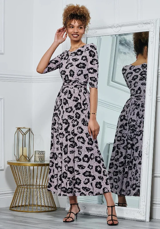 Jolie Moi Ozella Floral A Line Maxi Dress, Pink & Black Comfortable Satin Maxi Dress