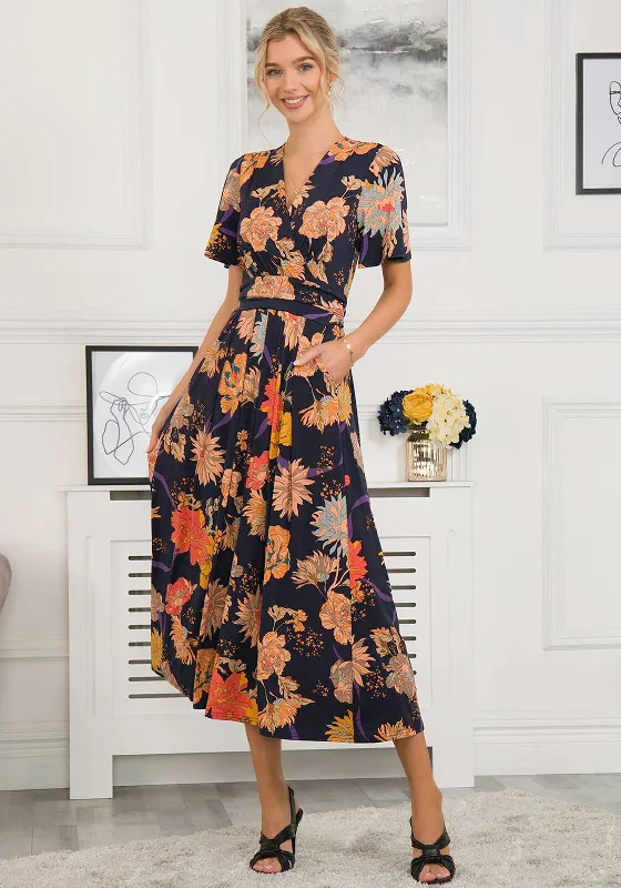 Jolie Moi Sheyra Floral Print Jersey Maxi Dress, Navy Orange Fashionable Faux Wrap Maxi Dress