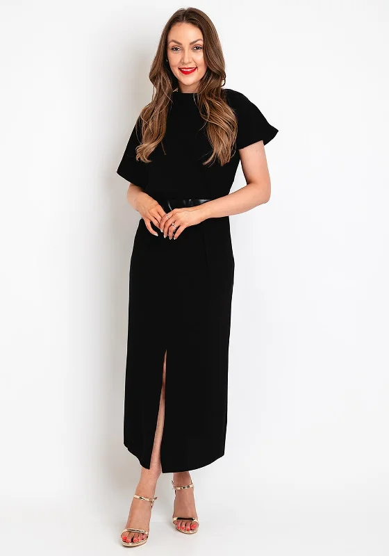 Kameya Faux Leather Banded Waist Maxi Dress, Black Trendy A-Line Maxi Dress