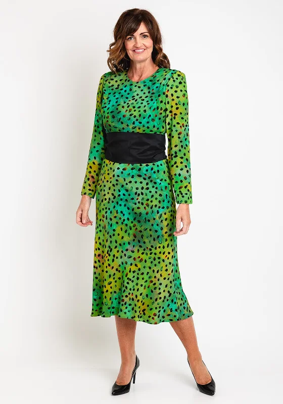 Kameya Belted Waist, Polka Dot Print Maxi Dress, Green Trendy Satin Maxi Dress