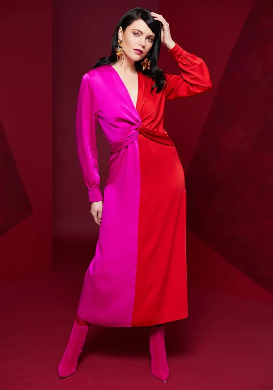 Kate Cooper Two Tone Twist Waist Detail Maxi Dress, Red & Pink Fashionable Asymmetrical Maxi Dress