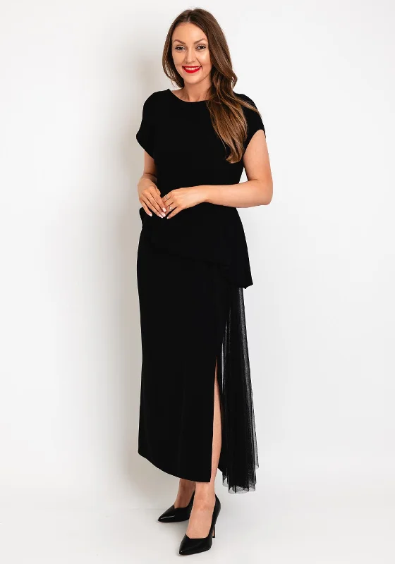 Kate Cooper Peplum Mesh Sash Maxi Dress, Black Comfortable Satin Maxi Dress