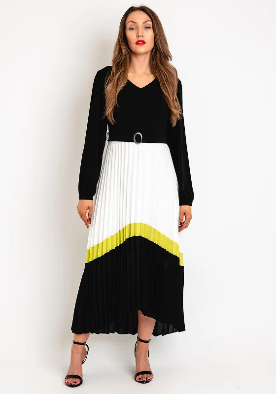 Kate Cooper Contrasting Pleated Maxi Dress, Black & Lime Trendy Maxi Dress with Lace