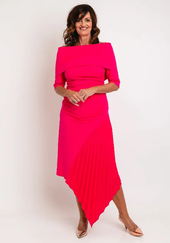 Kevan Jon Delauney Bardot, Pleated Skirt Maxi Dress, Hot Pink Cozy Maxi Dress with Slit